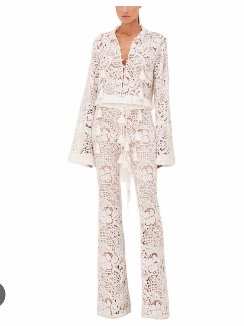 Alexis White Crochet Bell-Sleeve Jumpsuit with Tassel Tie